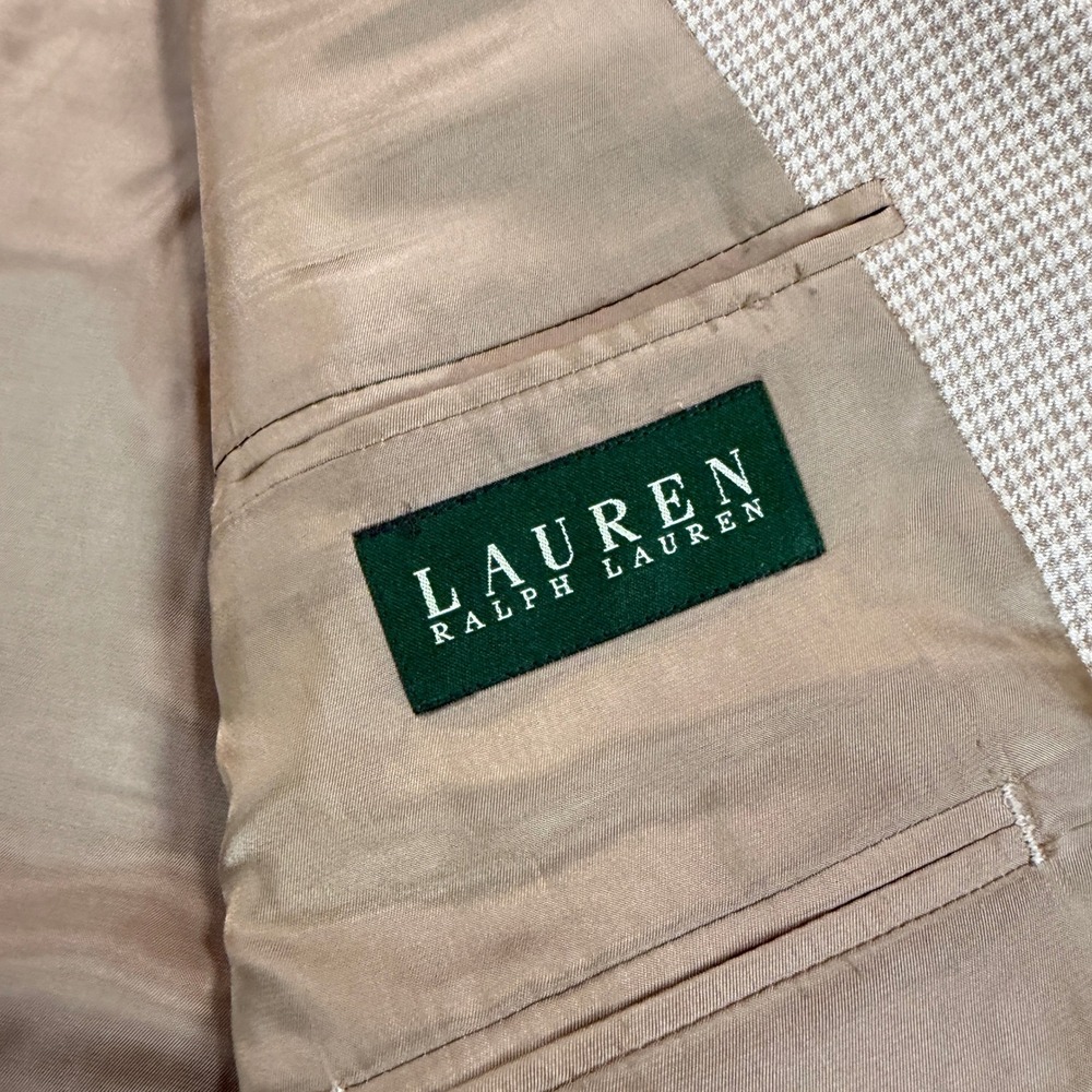 Lauren Ralph Lauren Mens 44R Silk Wool Houndstooth Sport Coat Blazer Tan Cream - Picture 6 of 12